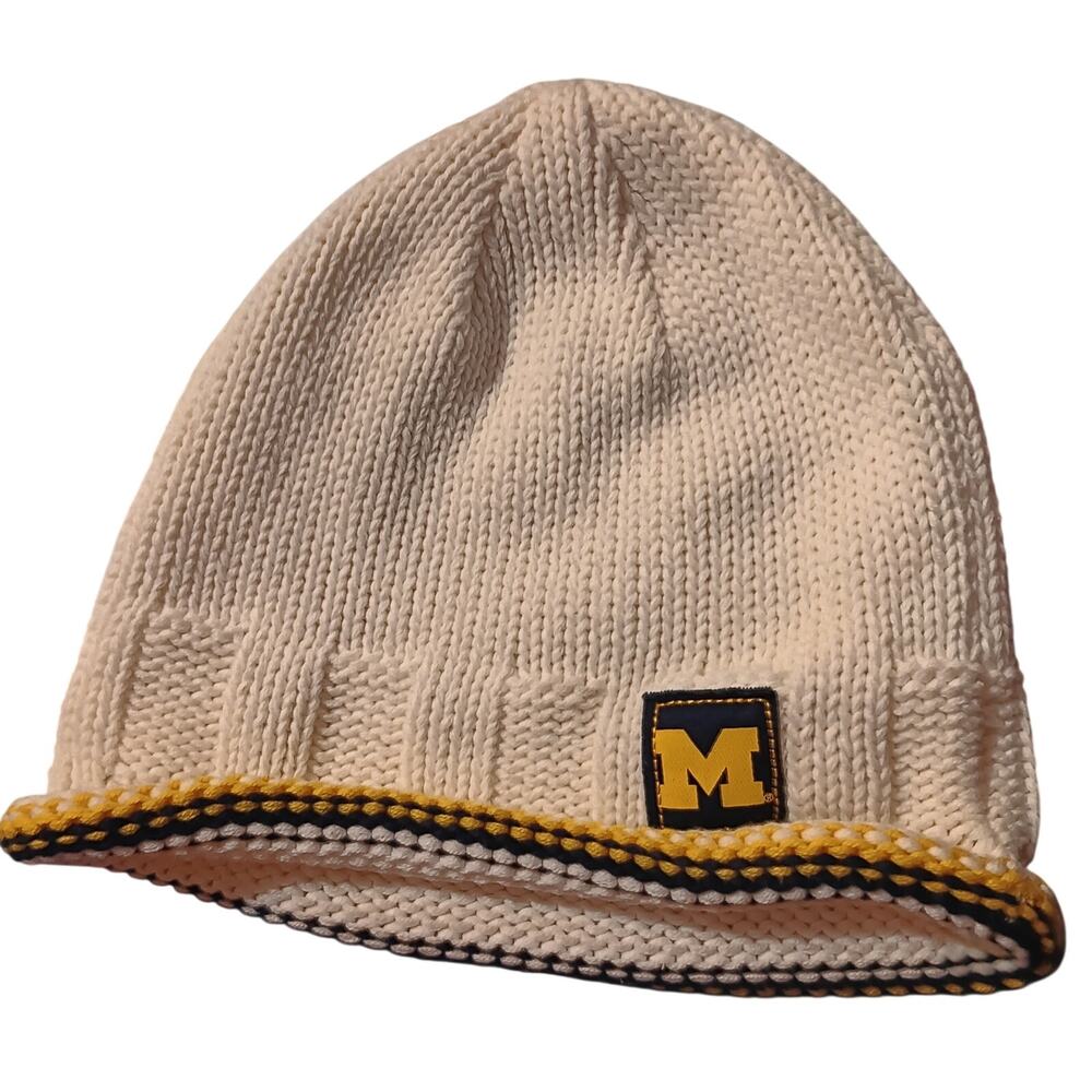 University of Michigan Wolverines Knit Beanie Cream Colored w Striped Rim OSFM